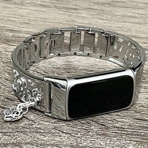 Silver Metal Band Fitbit Charge 5 Heart Medallion Charm Women Jewelry Bracelet